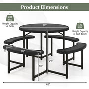 Round Picnic Table Bench Set with 4 Benches and Umbrella Hole for Patio Lawn-Black