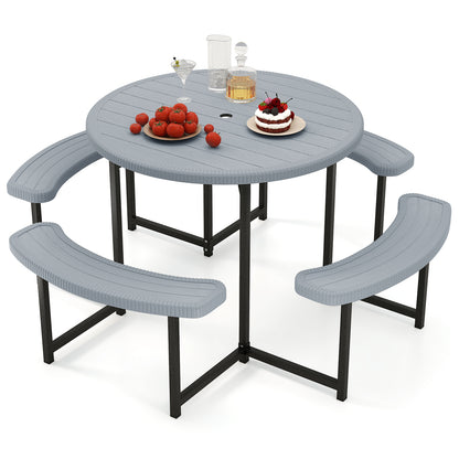 Round Picnic Table Bench Set with 4 Benches and Umbrella Hole for Patio Lawn-Green - Gray
