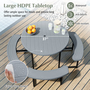 Round Picnic Table Bench Set with 4 Benches and Umbrella Hole for Patio Lawn-Gray