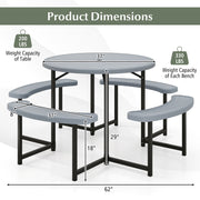 Round Picnic Table Bench Set with 4 Benches and Umbrella Hole for Patio Lawn-Gray