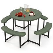 Round Picnic Table Bench Set with 4 Benches and Umbrella Hole for Patio Lawn-Green