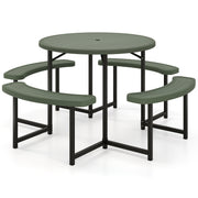 Round Picnic Table Bench Set with 4 Benches and Umbrella Hole for Patio Lawn-Green