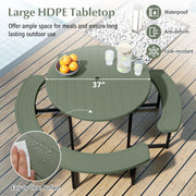 Round Picnic Table Bench Set with 4 Benches and Umbrella Hole for Patio Lawn-Green