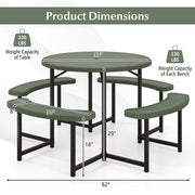 Round Picnic Table Bench Set with 4 Benches and Umbrella Hole for Patio Lawn-Green