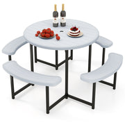Round Picnic Table Bench Set with 4 Benches and Umbrella Hole for Patio Lawn-White