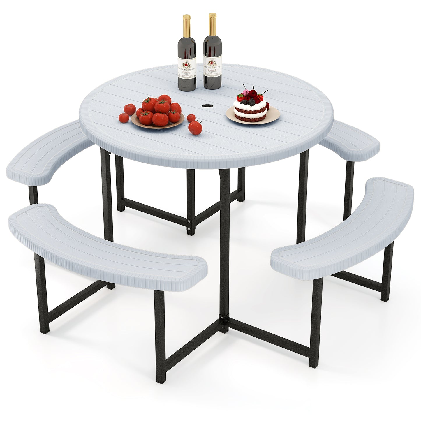 Round Picnic Table Bench Set with 4 Benches and Umbrella Hole for Patio Lawn-Green - White