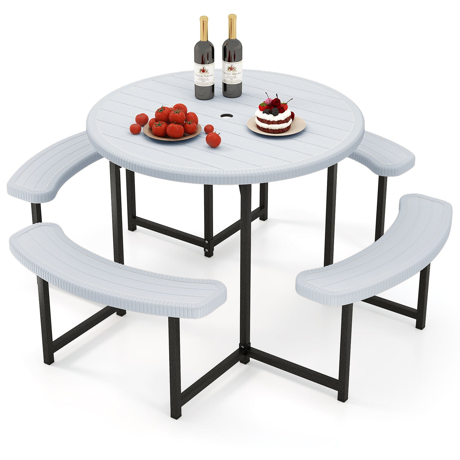 Round Picnic Table Bench Set with 4 Benches and Umbrella Hole for Patio Lawn-Green - White
