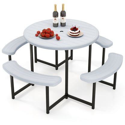 Round Picnic Table Bench Set with 4 Benches and Umbrella Hole for Patio Lawn-Green - White