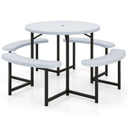 Round Picnic Table Bench Set with 4 Benches and Umbrella Hole for Patio Lawn-White