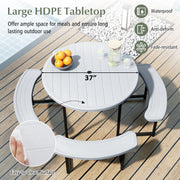 Round Picnic Table Bench Set with 4 Benches and Umbrella Hole for Patio Lawn-White