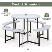 Round Picnic Table Bench Set with 4 Benches and Umbrella Hole for Patio Lawn-White