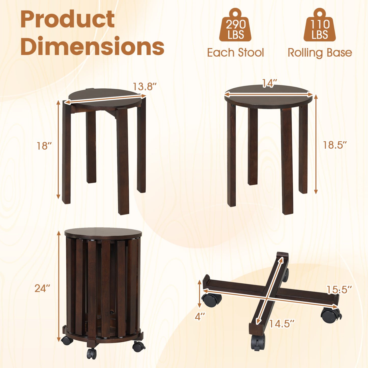 Round Portable Wood Nesting Stools with Locking Casters