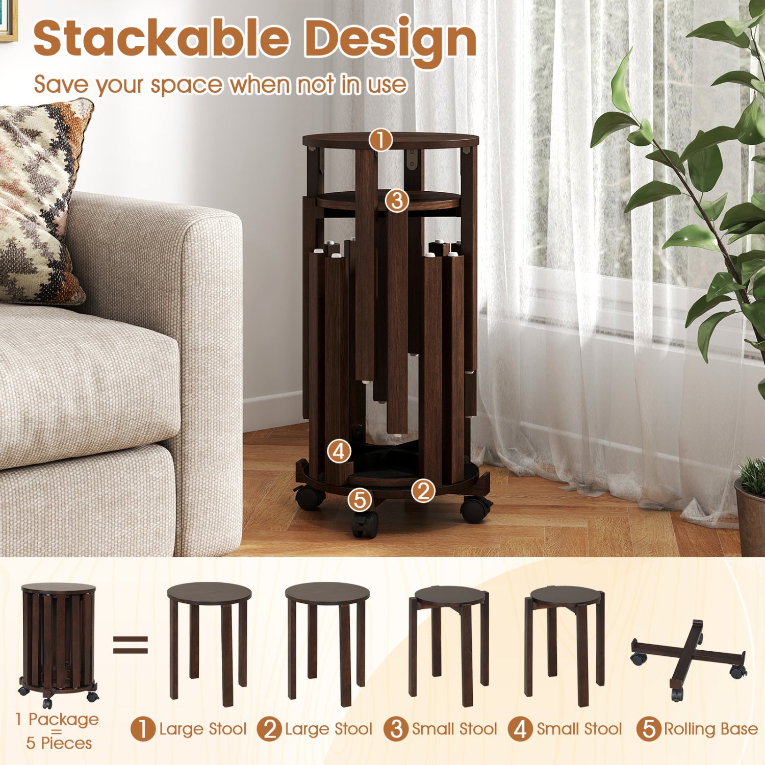 Round Portable Wood Nesting Stools with Locking Casters