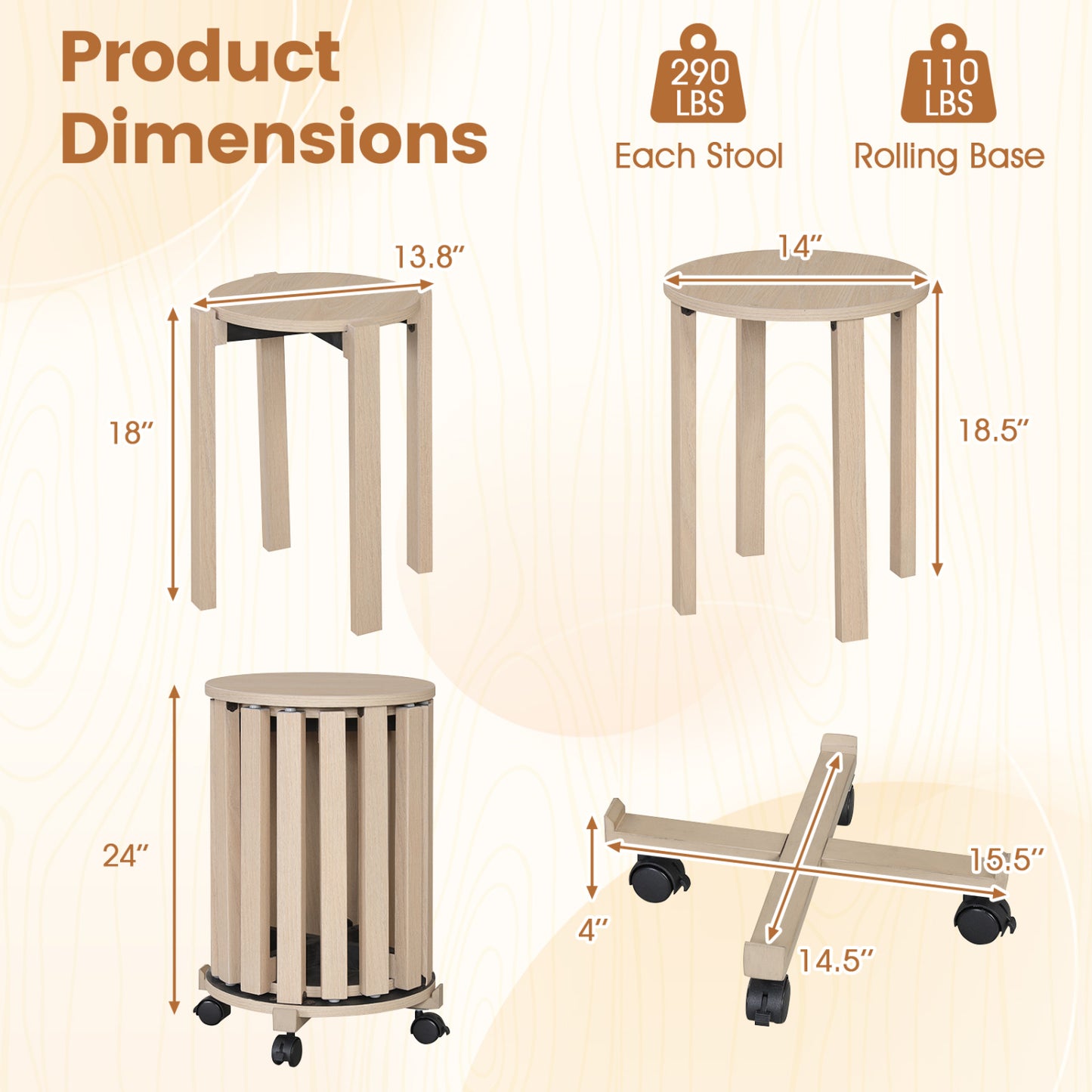 Round Portable Wood Nesting Stools with Locking Casters