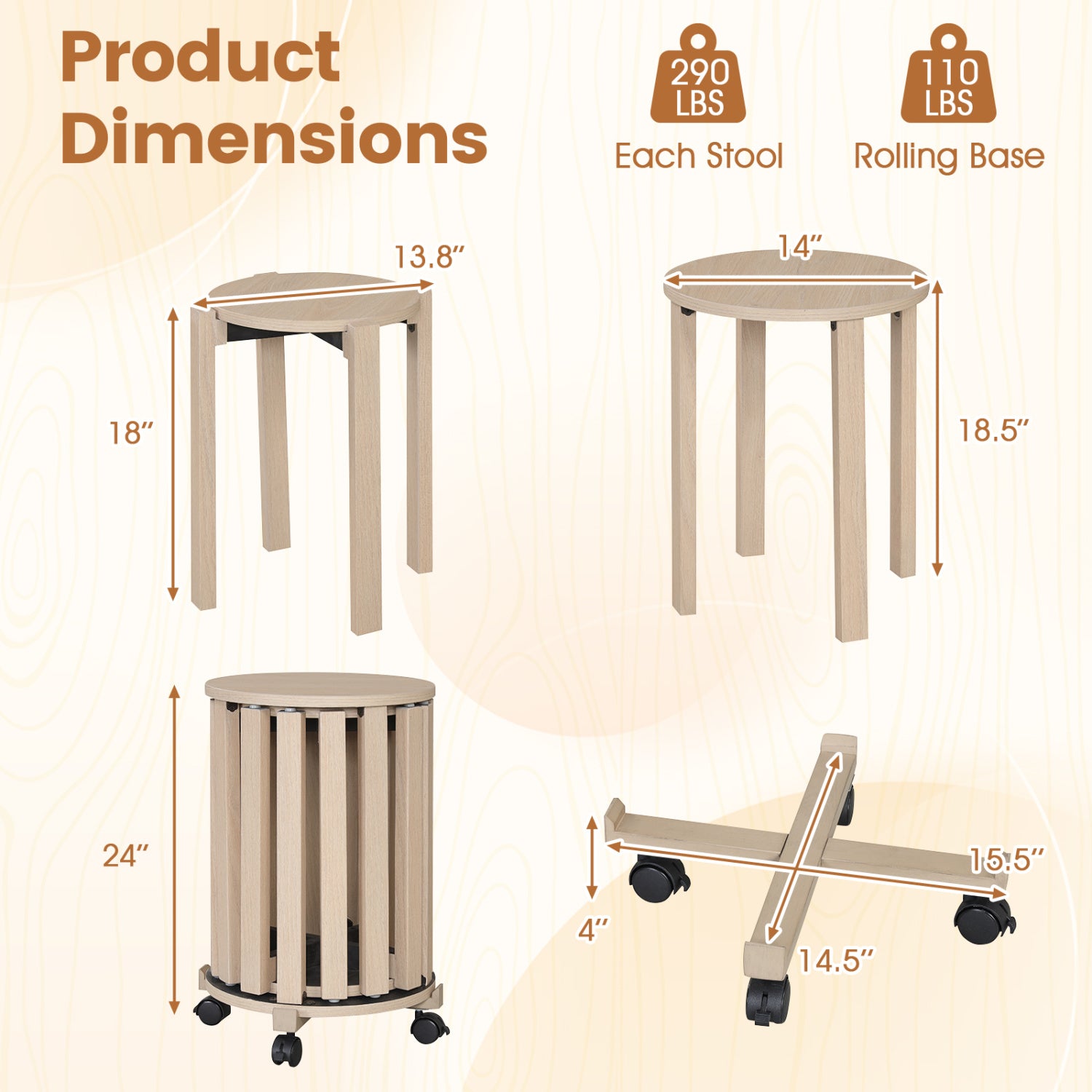 Round Portable Wood Nesting Stools with Locking Casters