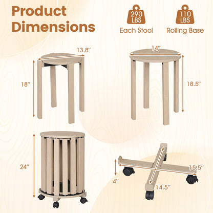 Round Portable Wood Nesting Stools with Locking Casters