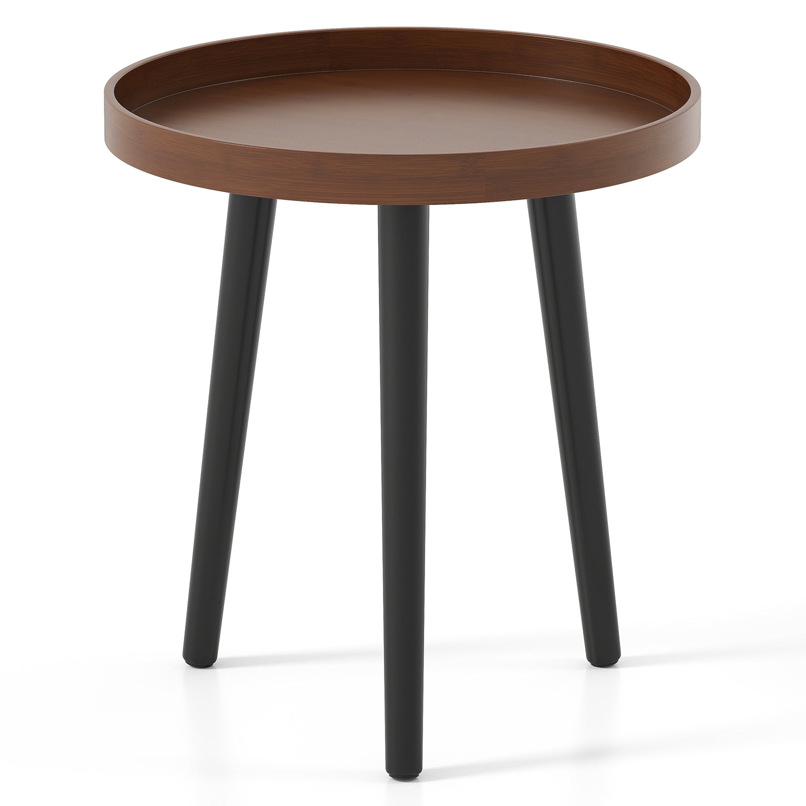 Mid Century Modern Round Side Sofa Coffee Table with Wooden Tray-Black - Brown