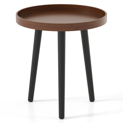 Mid Century Modern Round Side Sofa Coffee Table with Wooden Tray-Black - Brown