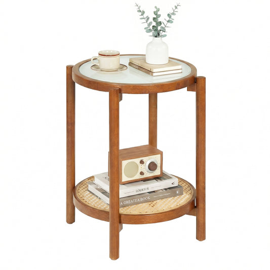 Round Side Table 2-Tier Boho End Table with Tempered Glass Top