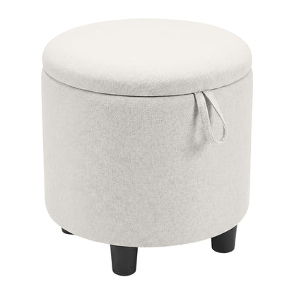 Round Storage Ottoman Linen Fabric Upholstered Footrest Stool-Beige
