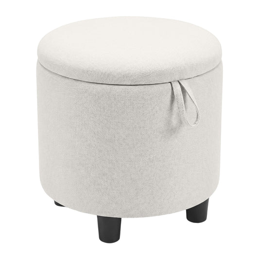 Round Storage Ottoman Linen Fabric Upholstered Footrest Stool-Beige