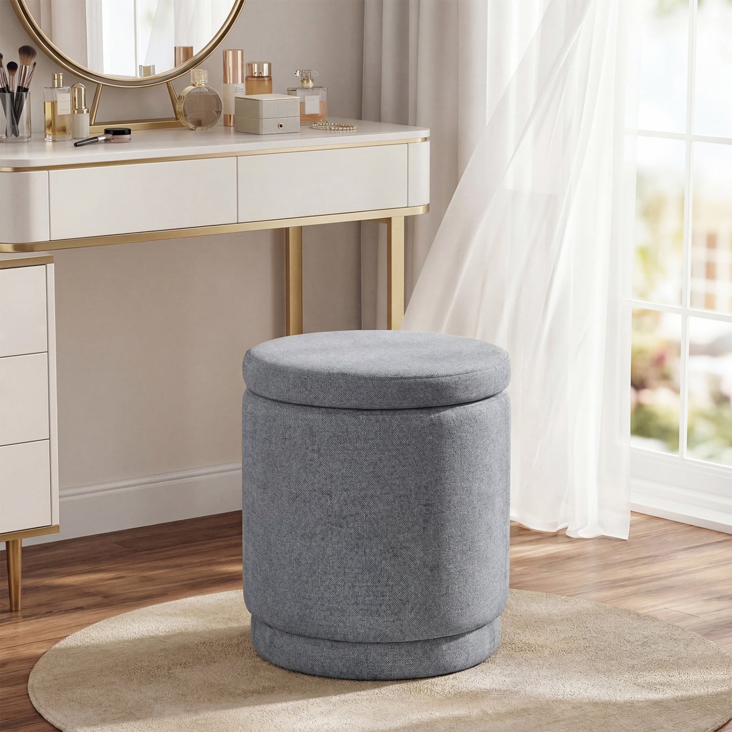 Round Storage Ottoman Foot Rest with Removable Lid and Acacia Wood Frame
