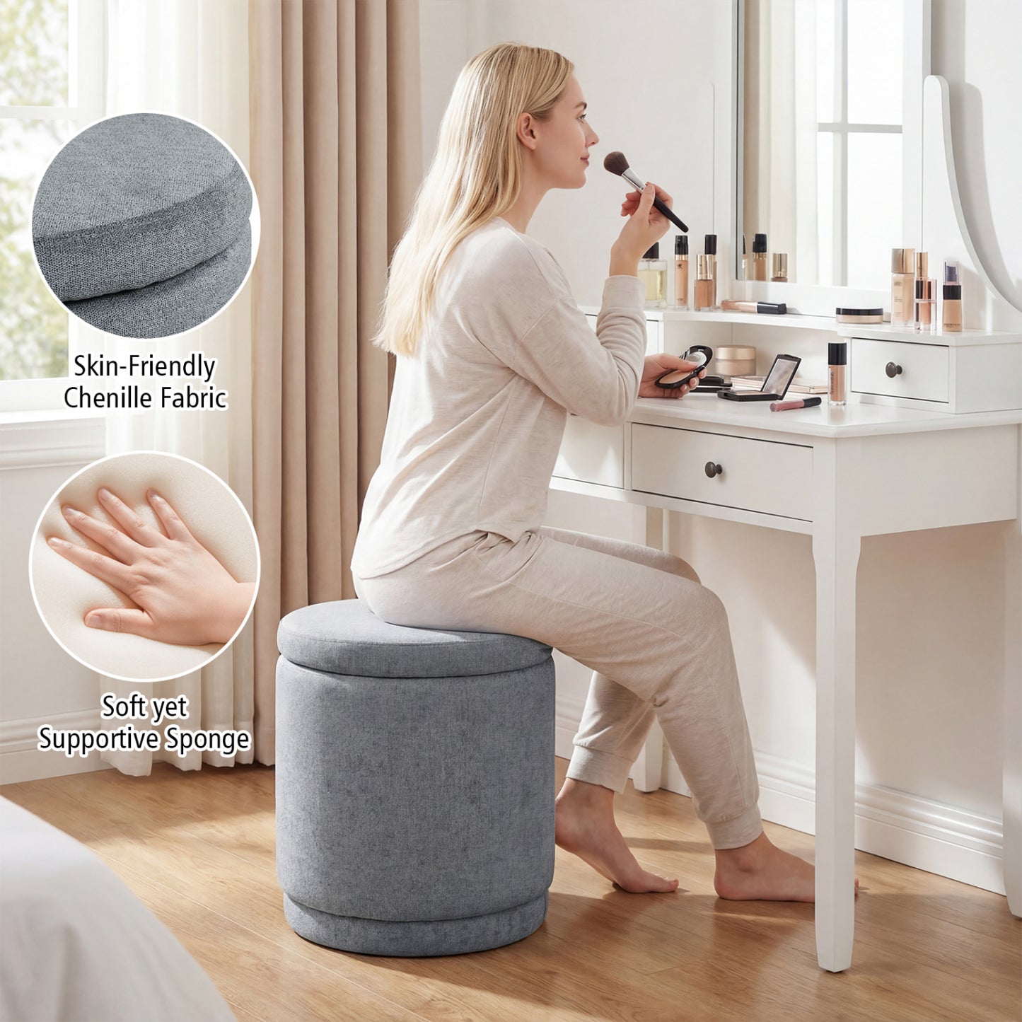 Round Storage Ottoman Foot Rest with Removable Lid and Acacia Wood Frame
