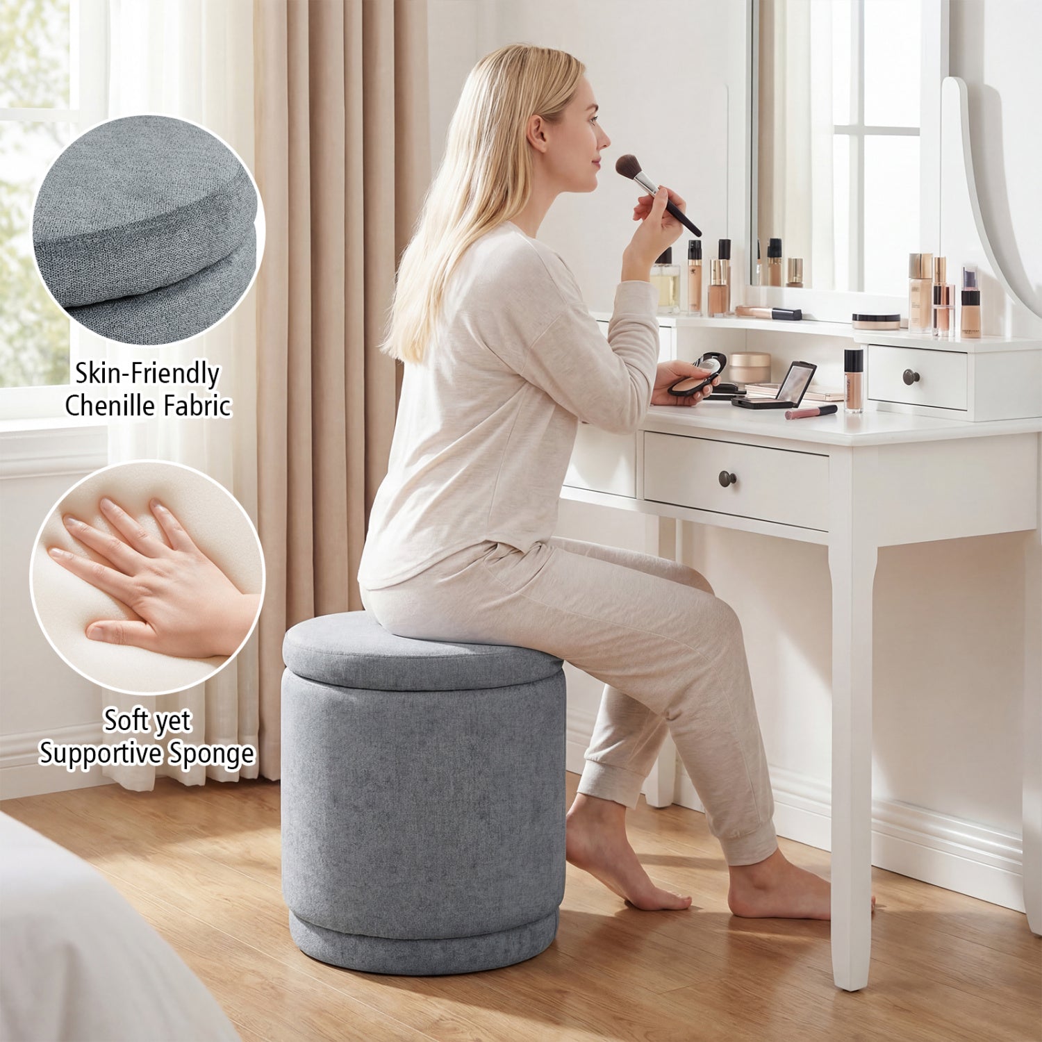 Round Storage Ottoman Foot Rest with Removable Lid and Acacia Wood Frame