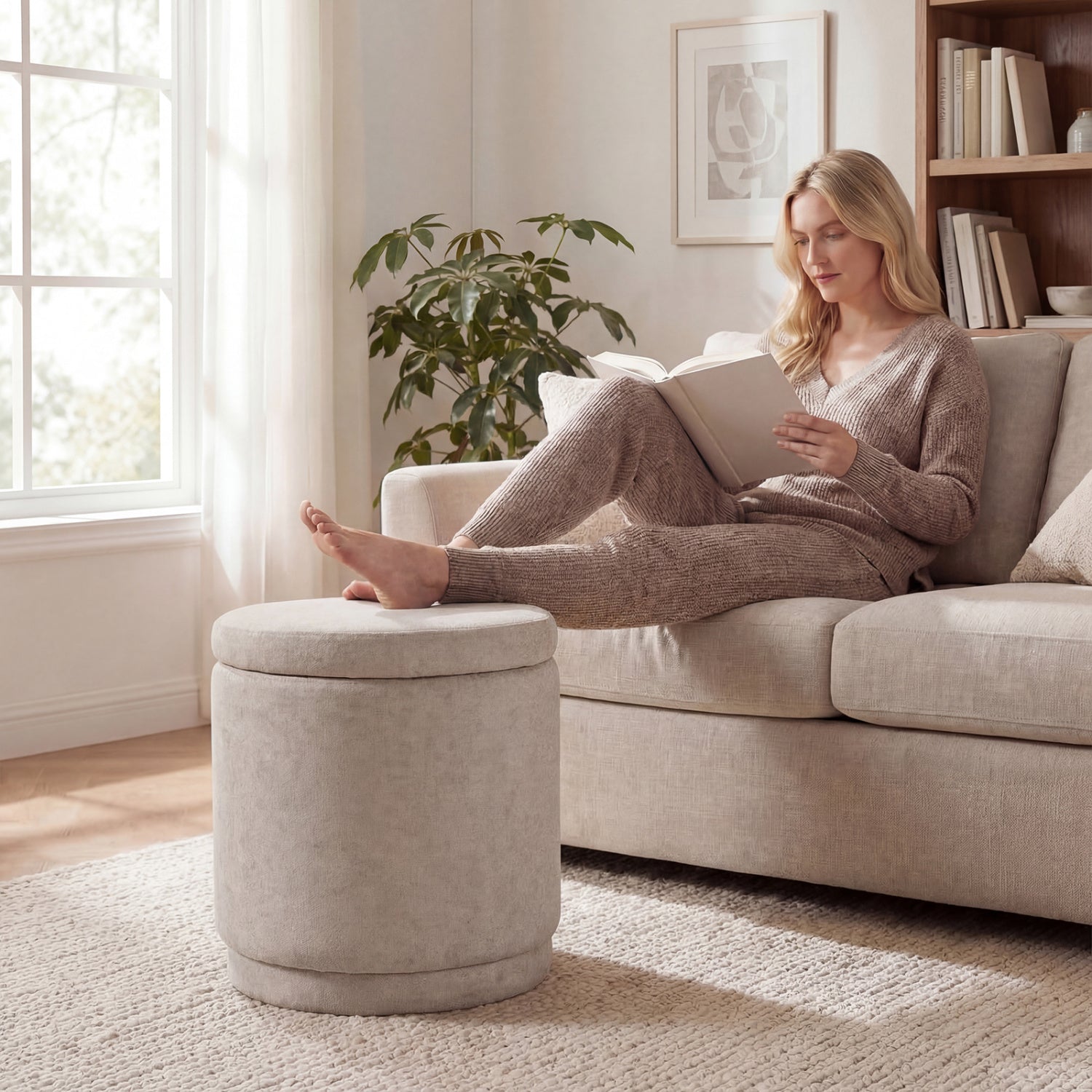 Round Storage Ottoman Foot Rest with Removable Lid and Acacia Wood Frame