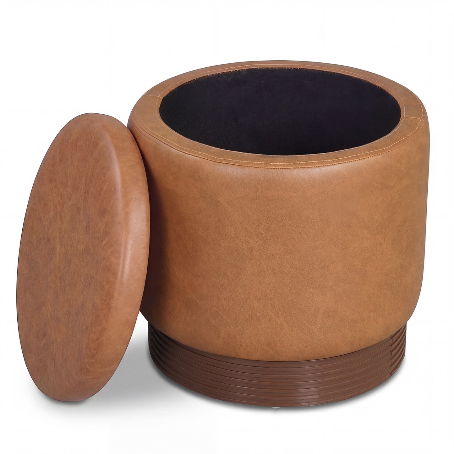 Round Storage Ottoman with Acacia Wood Frame for Living Room and Bedroom