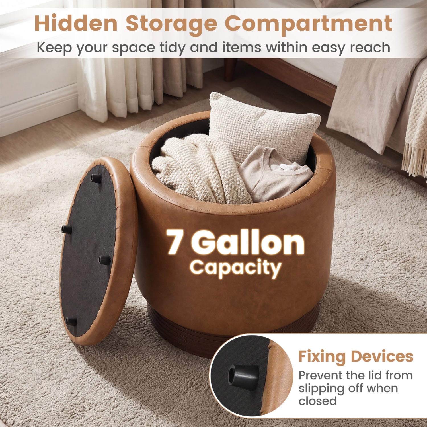Round Storage Ottoman with Acacia Wood Frame for Living Room and Bedroom