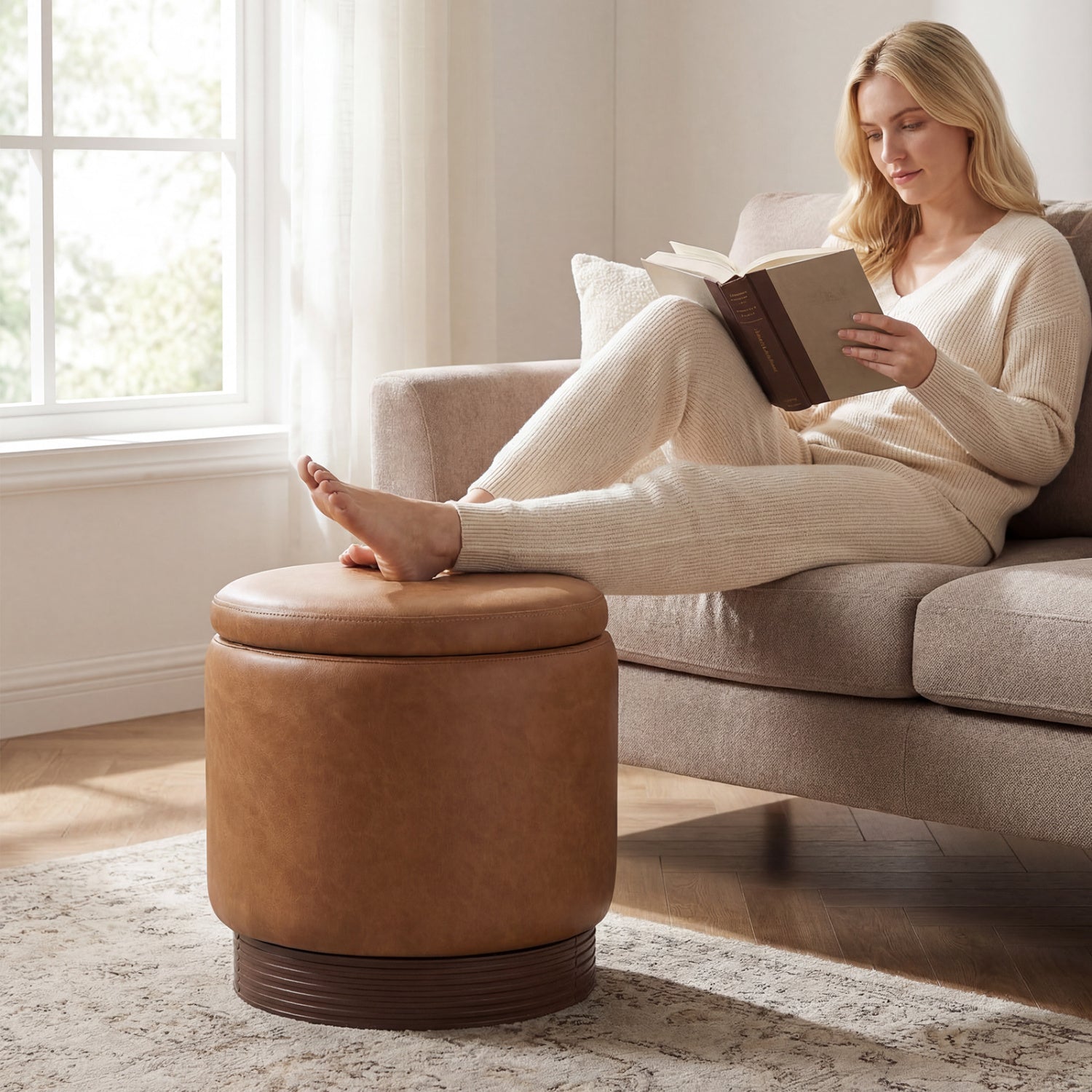 Round Storage Ottoman with Acacia Wood Frame for Living Room and Bedroom
