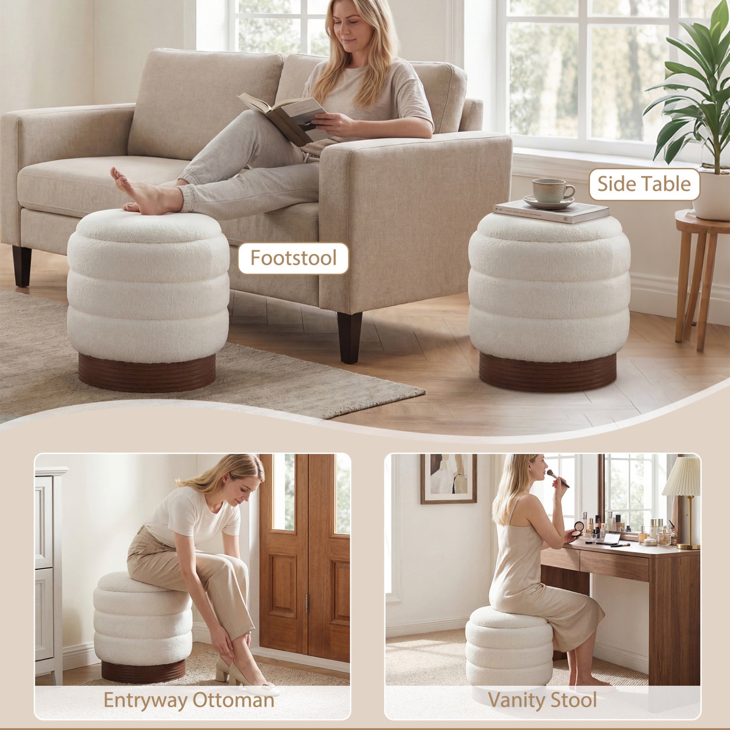 Round Storage Ottoman with Acacia Wood Frame for Living Room