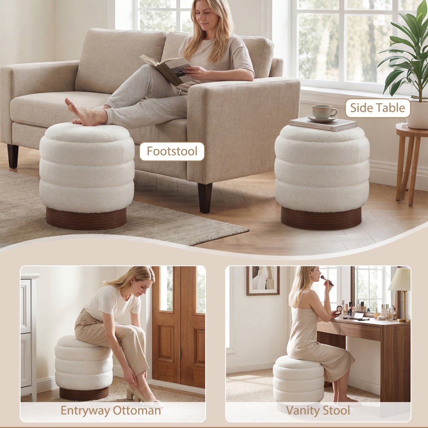 Round Storage Ottoman with Acacia Wood Frame for Living Room