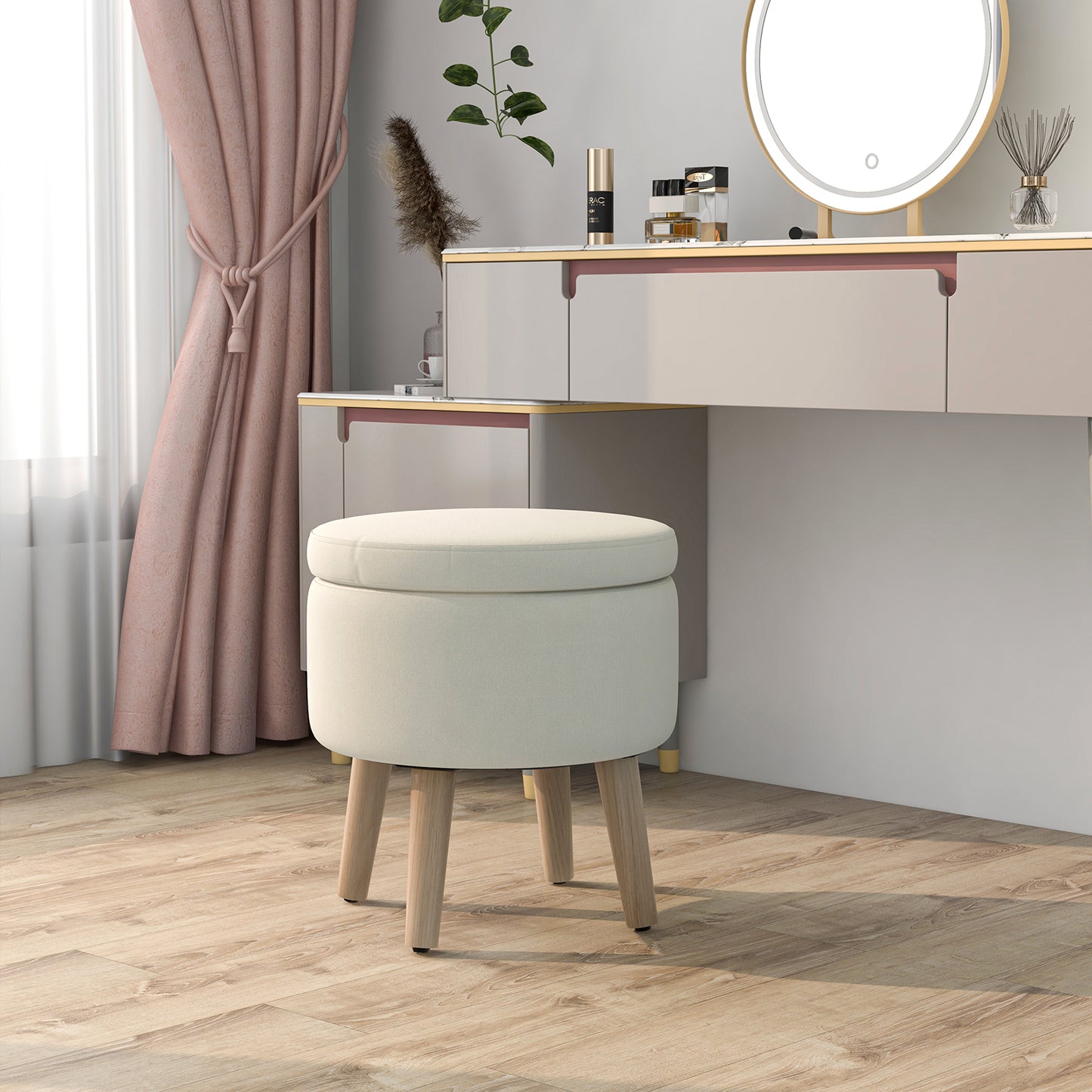 Round Storage Ottoman with Rubber Wood Legs and Adjustable Foot Pads-Beige