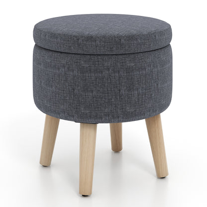 Round Storage Ottoman with Rubber Wood Legs and Adjustable Foot Pads-Gray