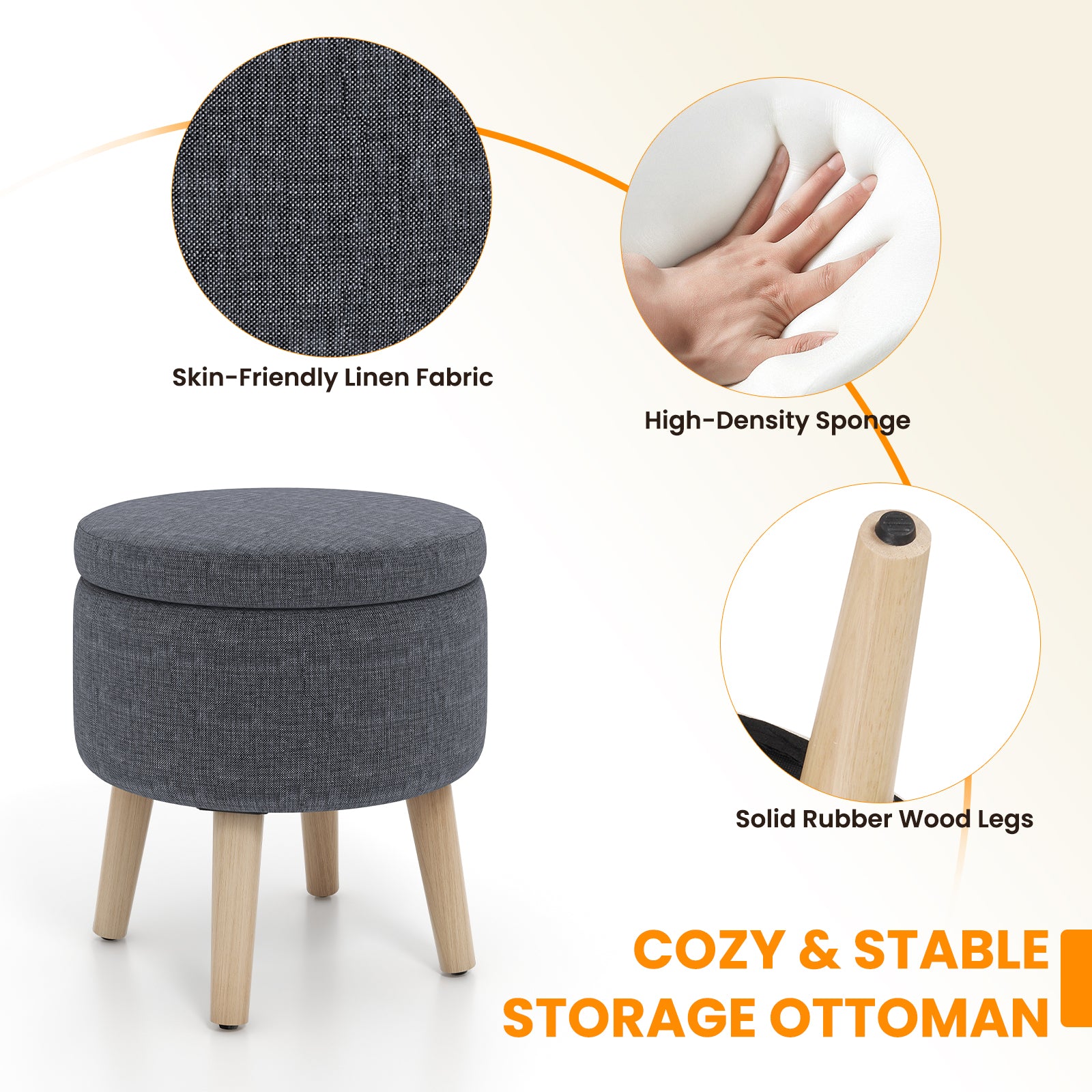 Round Storage Ottoman with Rubber Wood Legs and Adjustable Foot Pads-Gray
