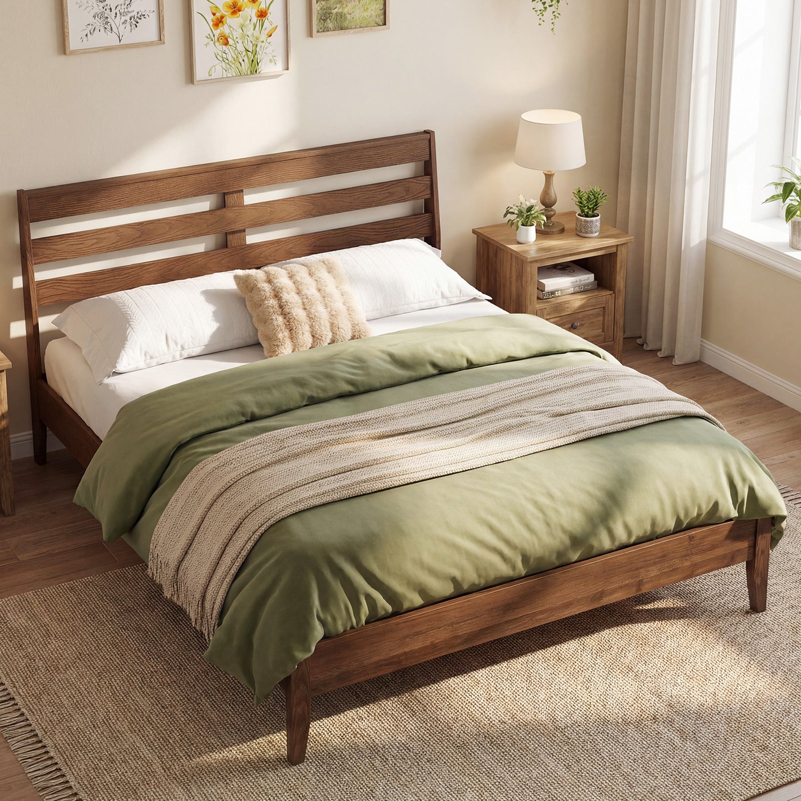Queen Size Wood Platform Bed Frame with Slat Headboard