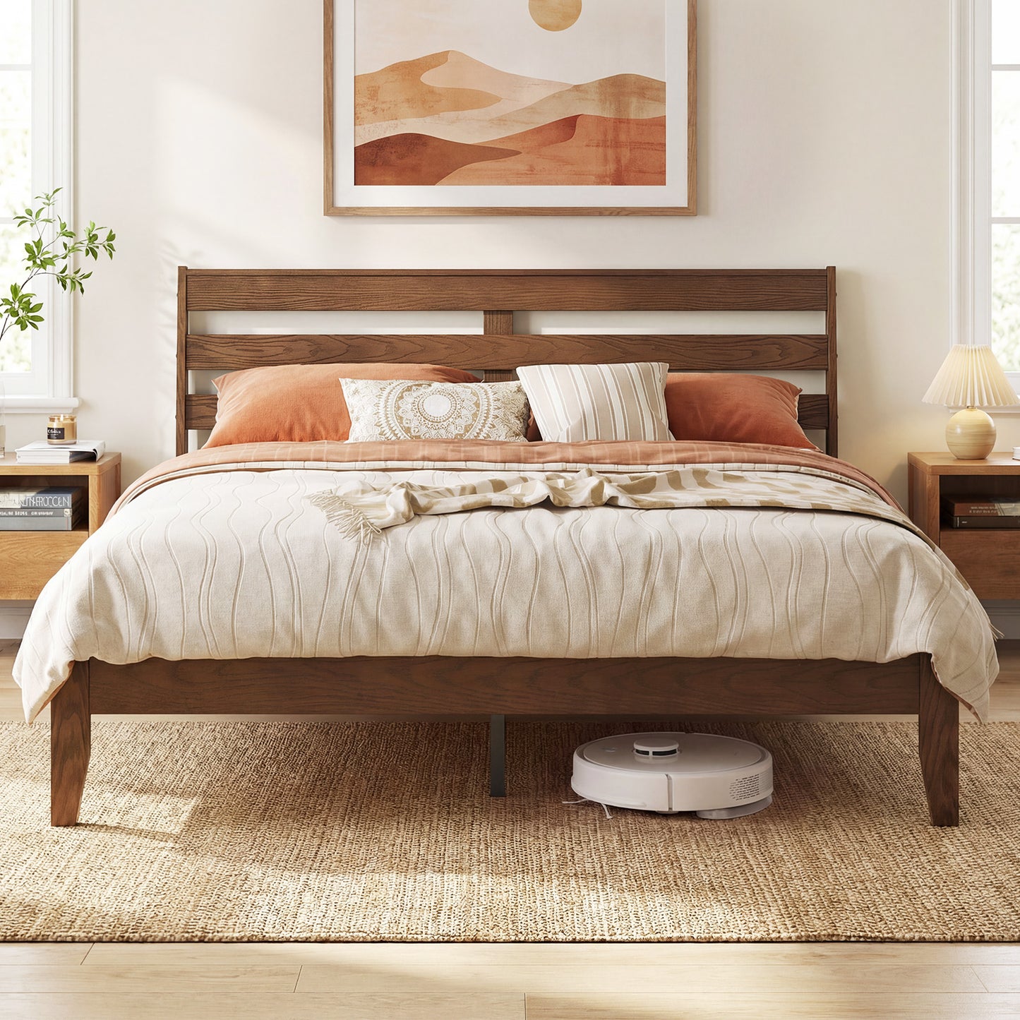 Queen Size Wood Platform Bed Frame with Slat Headboard