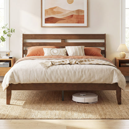 Queen Size Wood Platform Bed Frame with Slat Headboard