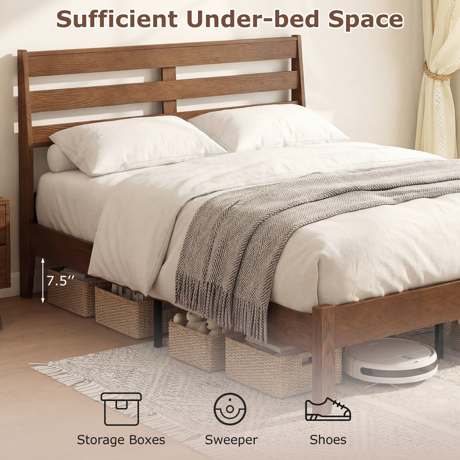 Queen Size Wood Platform Bed Frame with Slat Headboard