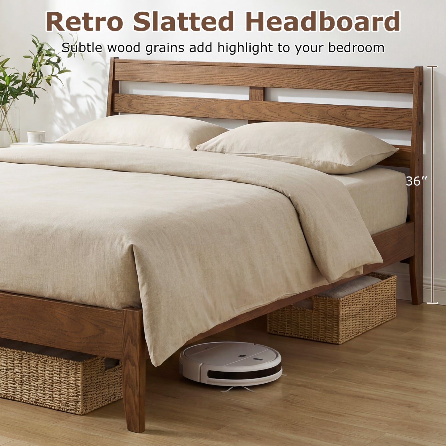 Queen Size Wood Platform Bed Frame with Slat Headboard