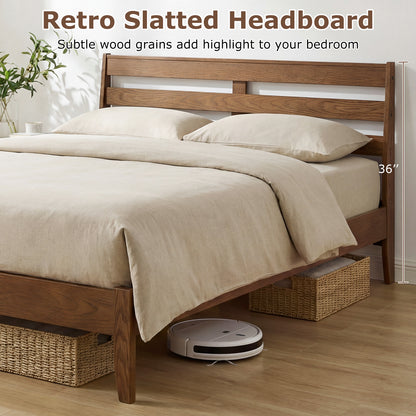 Queen Size Wood Platform Bed Frame with Slat Headboard