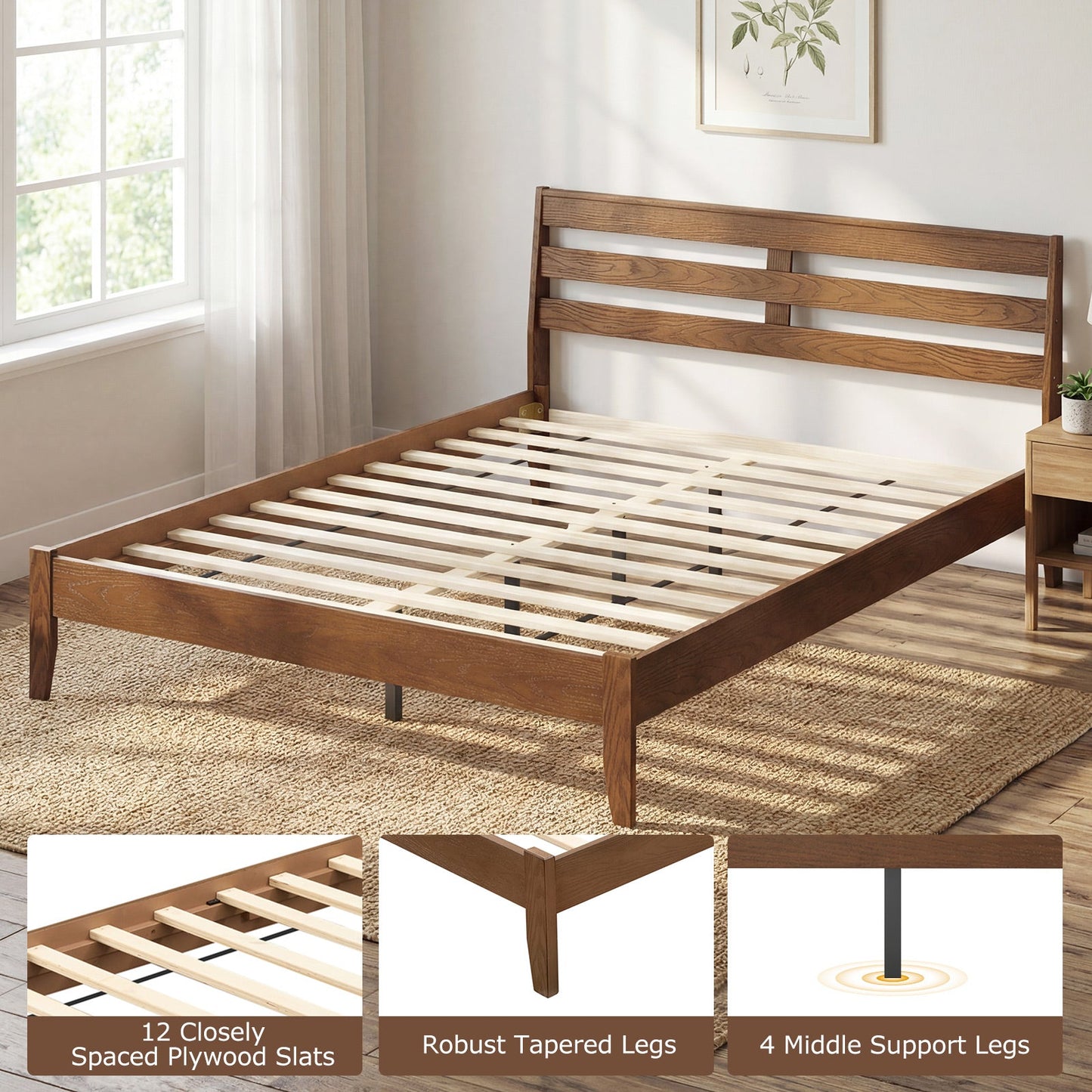 Queen Size Wood Platform Bed Frame with Slat Headboard