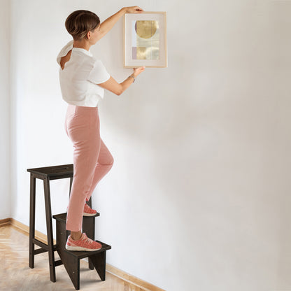 3-in-1 Rubber Wood 3 Tier Folding Step Stool Ladder Storage Shelf-Coffee