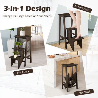 3-in-1 Rubber Wood 3 Tier Folding Step Stool Ladder Storage Shelf-Coffee