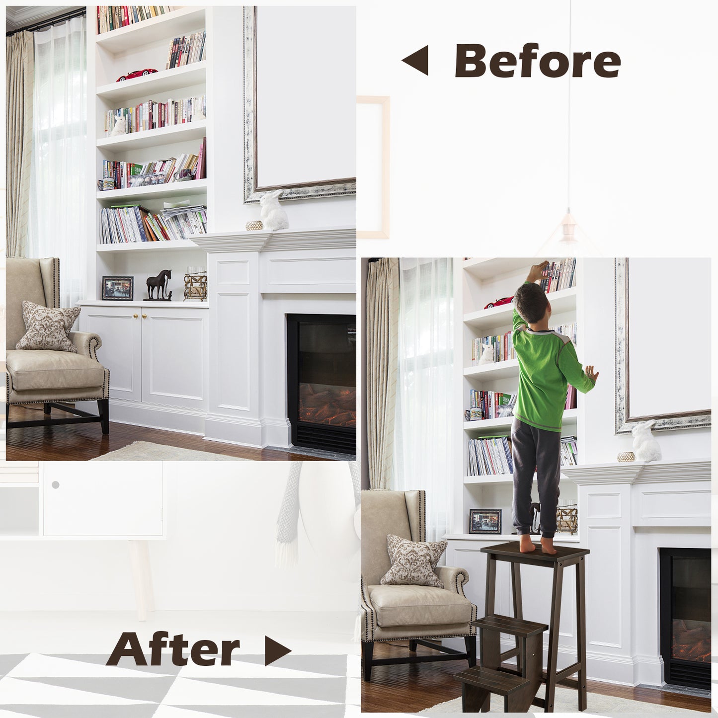 3-in-1 Rubber Wood 3 Tier Folding Step Stool Ladder Storage Shelf-Coffee