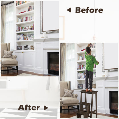 3-in-1 Rubber Wood 3 Tier Folding Step Stool Ladder Storage Shelf-Coffee