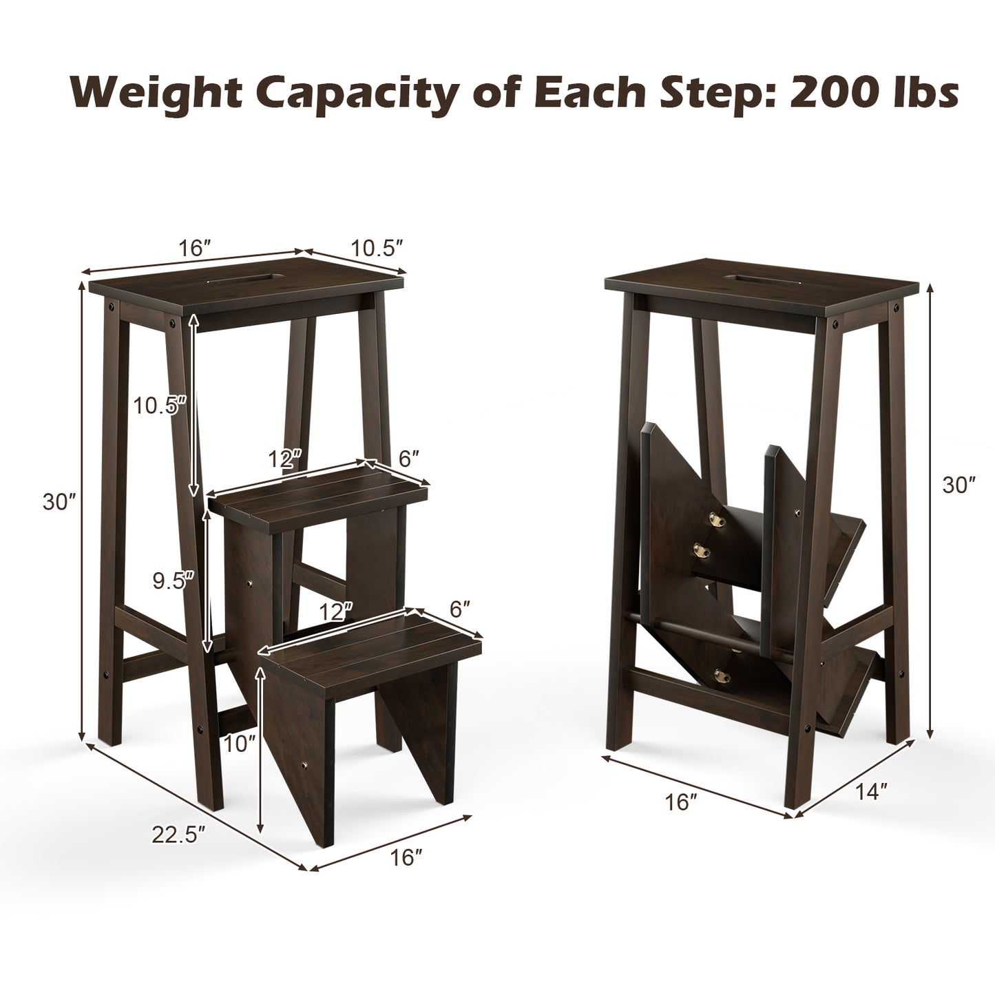 3-in-1 Rubber Wood 3 Tier Folding Step Stool Ladder Storage Shelf-Coffee