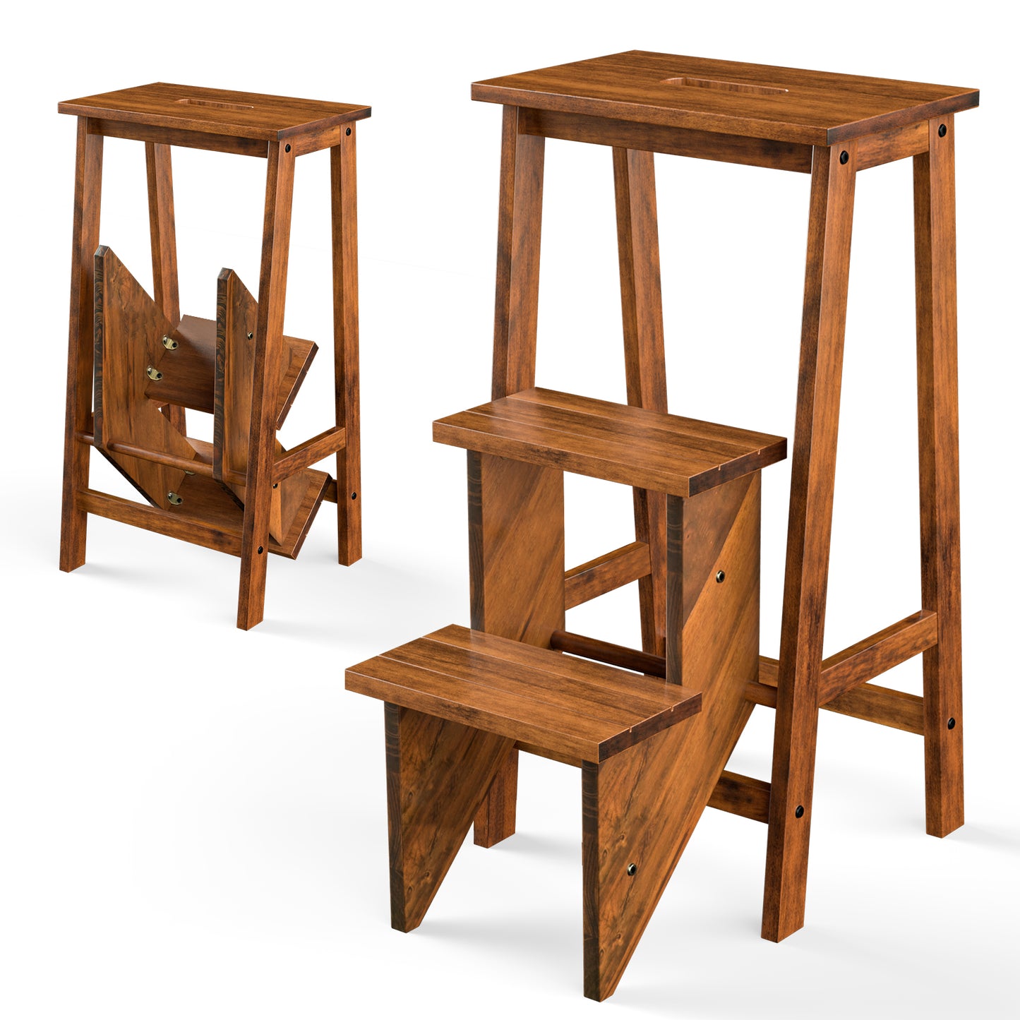 3-in-1 Rubber Wood 3 Tier Folding Step Stool Ladder Storage Shelf-Natural - Coffee